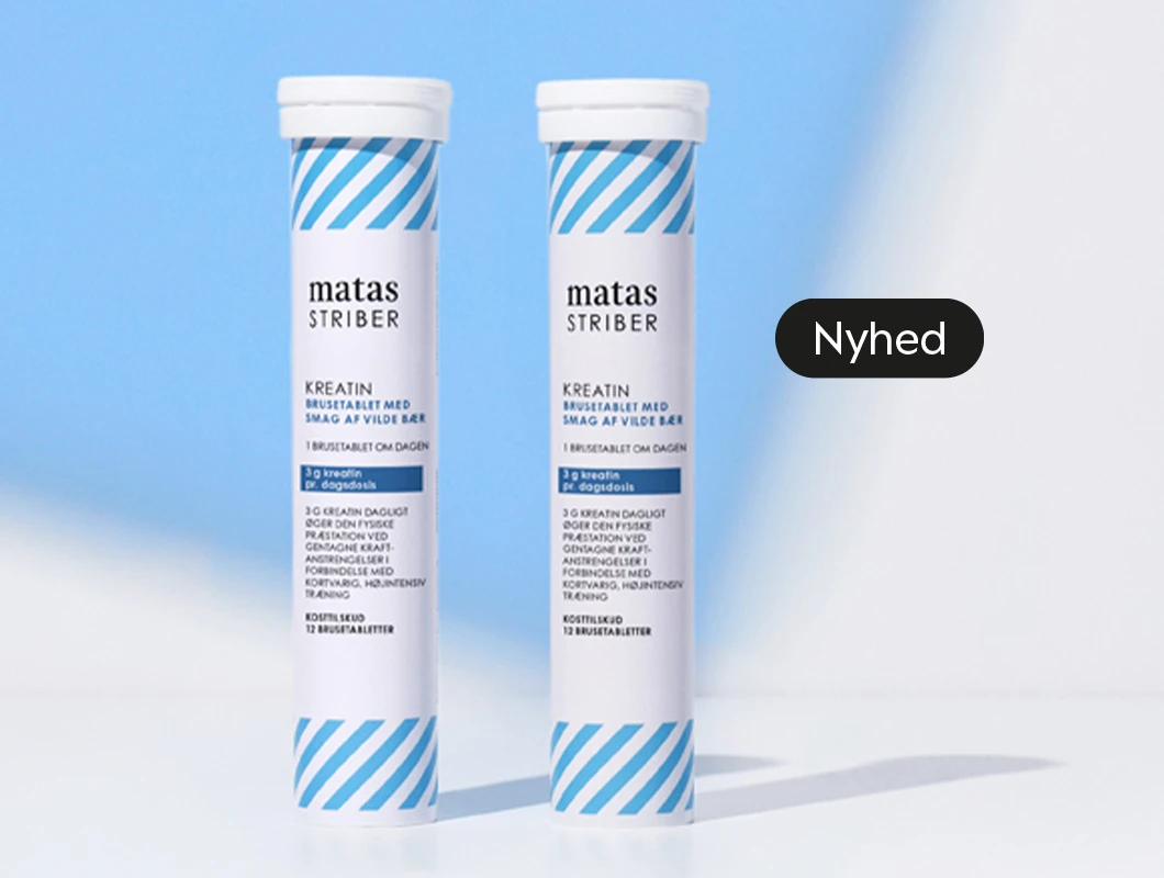 To Kreatin Brus fra Matas Striber på blå og hvid baggrund