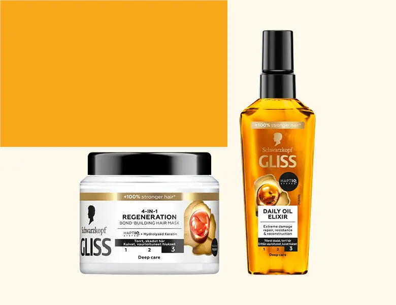 Her ses en beige og orange baggrund med to Schwarzkopf produkter - et hvidt og et orange.