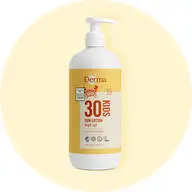 Her ses en solcreme fra Derma med faktor 30. Den er reef safe og er på en lysegul baggrund.