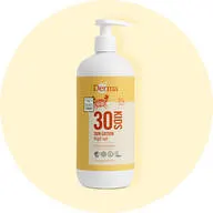 Her ses en solcreme fra Derma med faktor 30. Den er reef safe og er på en lysegul baggrund. 