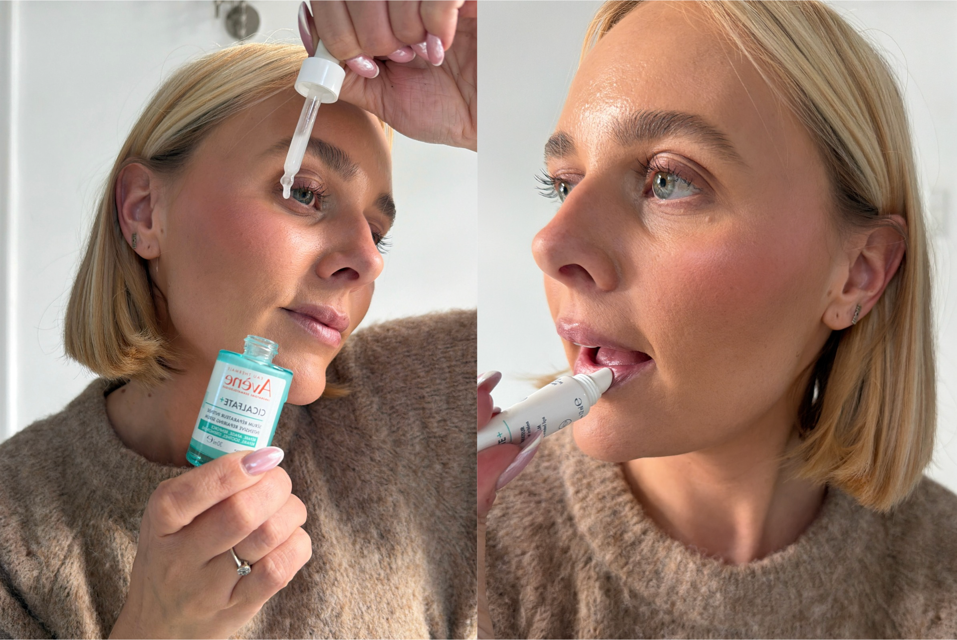 En kvinde påfører Avène Cicalfate+ serum under øjet og en læbepomade på sine læber.