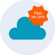 Her ses Ønskeskyens logo, en blå sky, og med en orange splash med teksten "Fast lav pris".