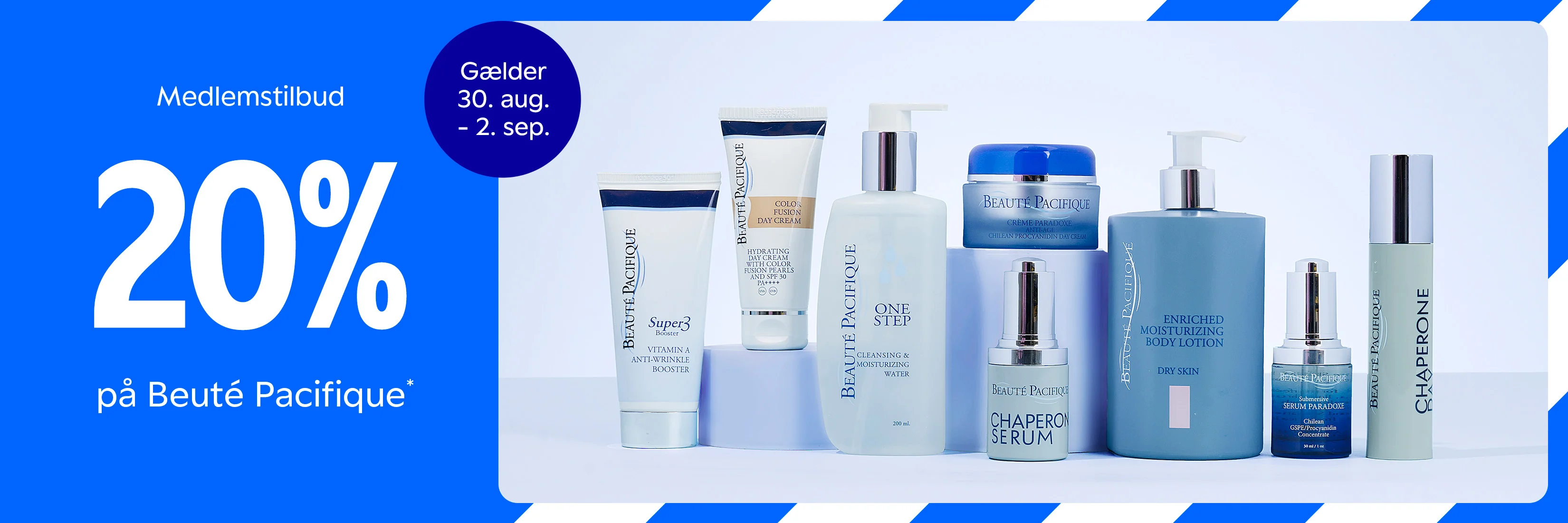 Her ses et banner med teksten "Medlemstilbud" og "20% på Beauté Pacifique" og "gælder 30. aug. - 2. sep." samt forskellige produkter fra Beauté Pacifique.