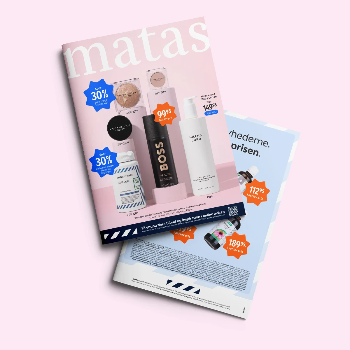 Matas tilbudsmagasin viser 30% rabat på Tromborg makeup og Matas Striber fiskeolie, samt lave priser på skønhedsprodukter.