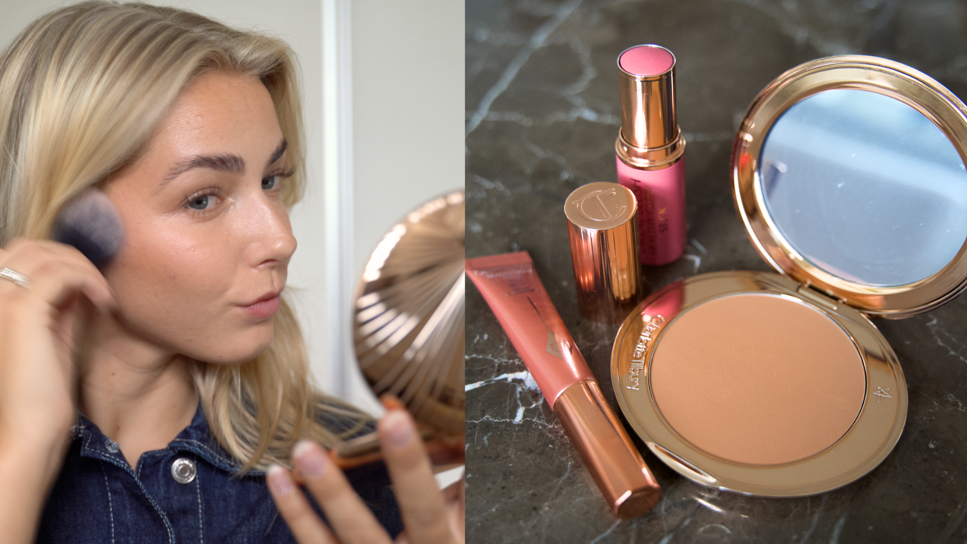 Person, der påfører makeup på kinden med en børste, ved siden af Charlotte Tilbury bronzer, blush stick og flydende makeup.
