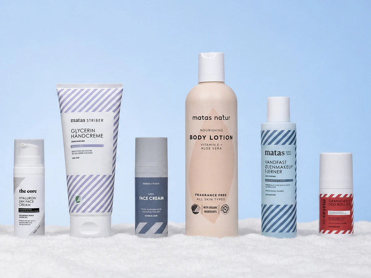 En række Matas og The Core hudplejeprodukter: Håndcreme, ansigtscremer, body lotion, makeupfjerner og deodorant.