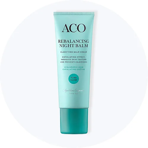ACO Rebalancing Night Balm, en klarificerende natcreme med eksfolierende effekt, hyaluronsyre og enzym.