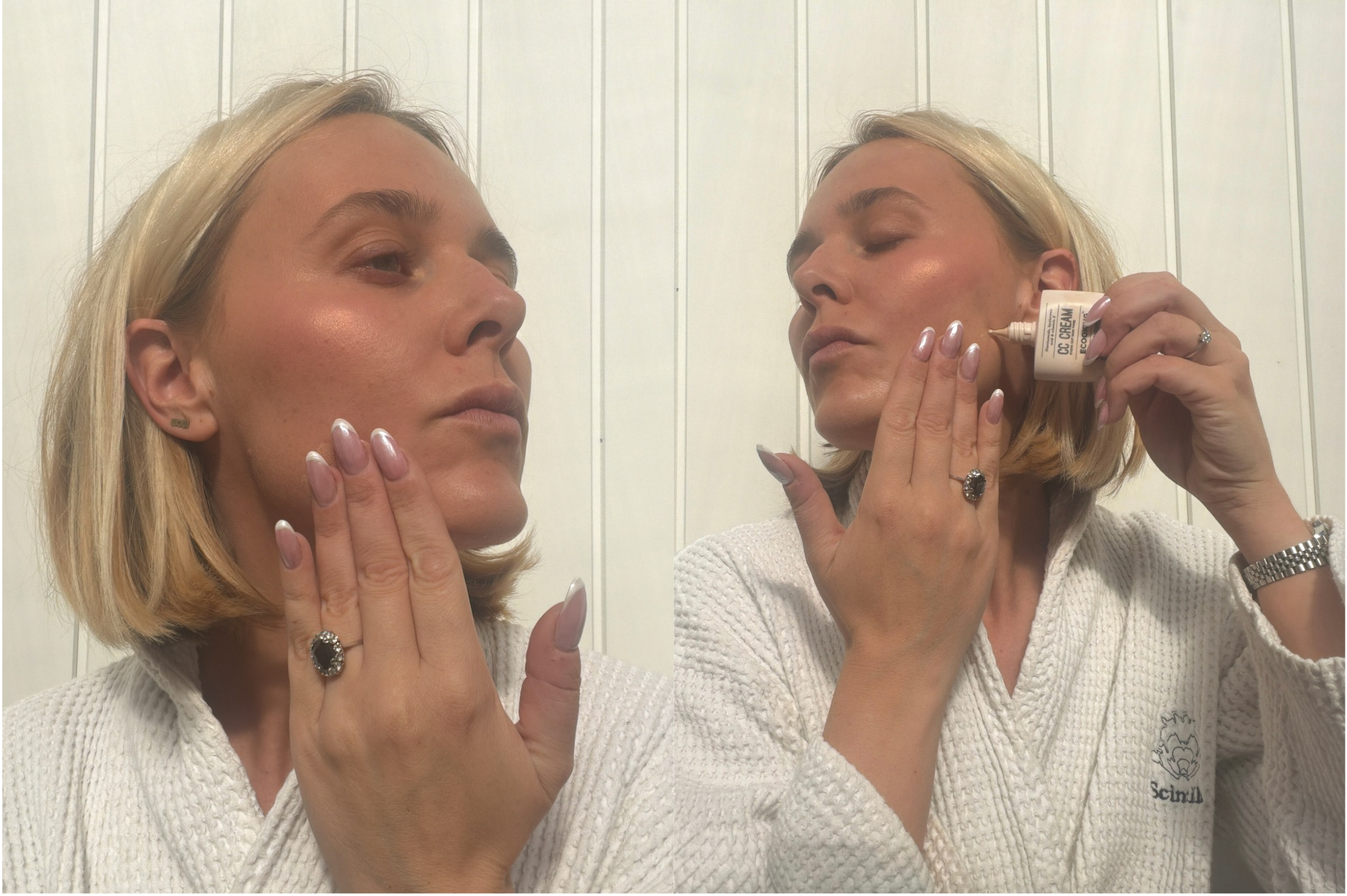 En blond kvinde i hvid badekåbe påfører Ecooking CC cream på kinden fra en lille tube.