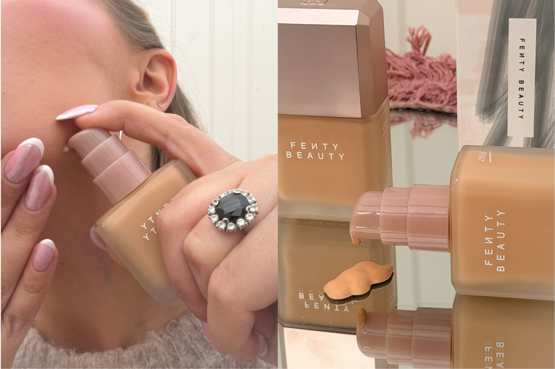 En person påfører Fenty Beauty foundation på kinden, ved siden af nærbilleder af foundationflasker og en farveprøve.