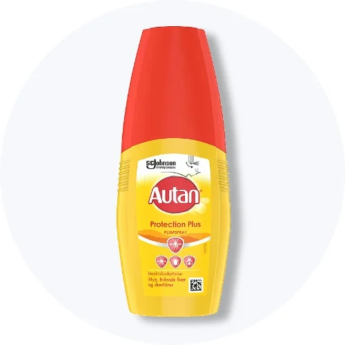 Autan Protection Plus pumpespray mod myg og flåter i gul og rød flaske på lys grå baggrund.