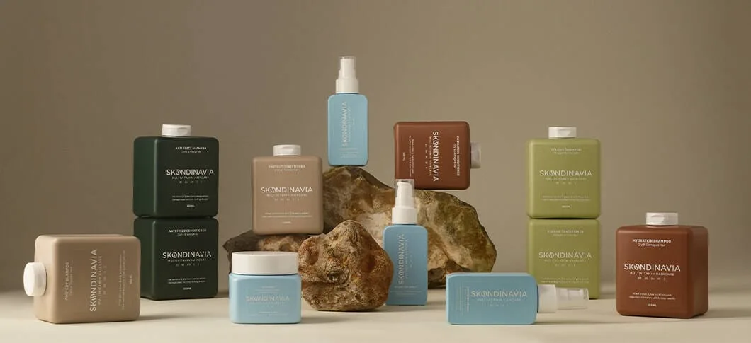 Her ses et billede med flere hårplejeprodukter fra Skøndinavia placeret omkring sten mod en beige baggrund. På produkterne står bl.a. teksten “SKØNDINAVIA MULTIVITAMIN HAIRCARE”. Produkterne er i forskellige farver som grøn, blå, beige og brun.