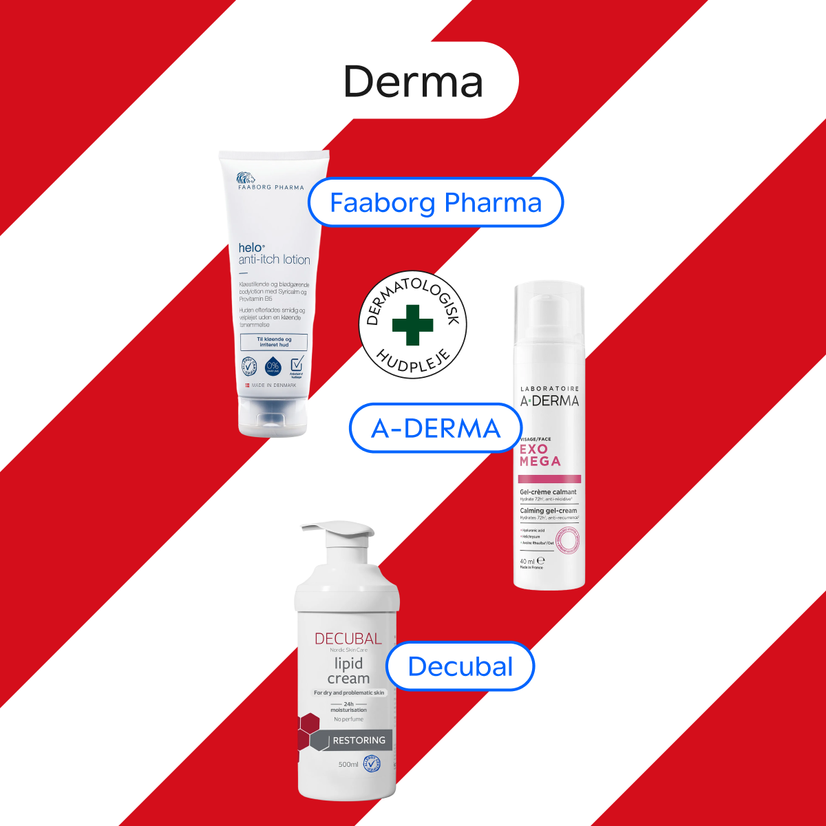 Faaborg Pharma helo anti-itch lotion, A-Derma EXO MEGA Gel-crème calmant og Decubal lipid cream.