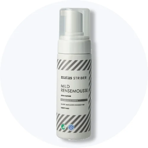 Matas Striber Mild Rensemousse. Uden parfume. Med allantoin & betaine. Renser, beroliger og beskytter sensitiv hud.