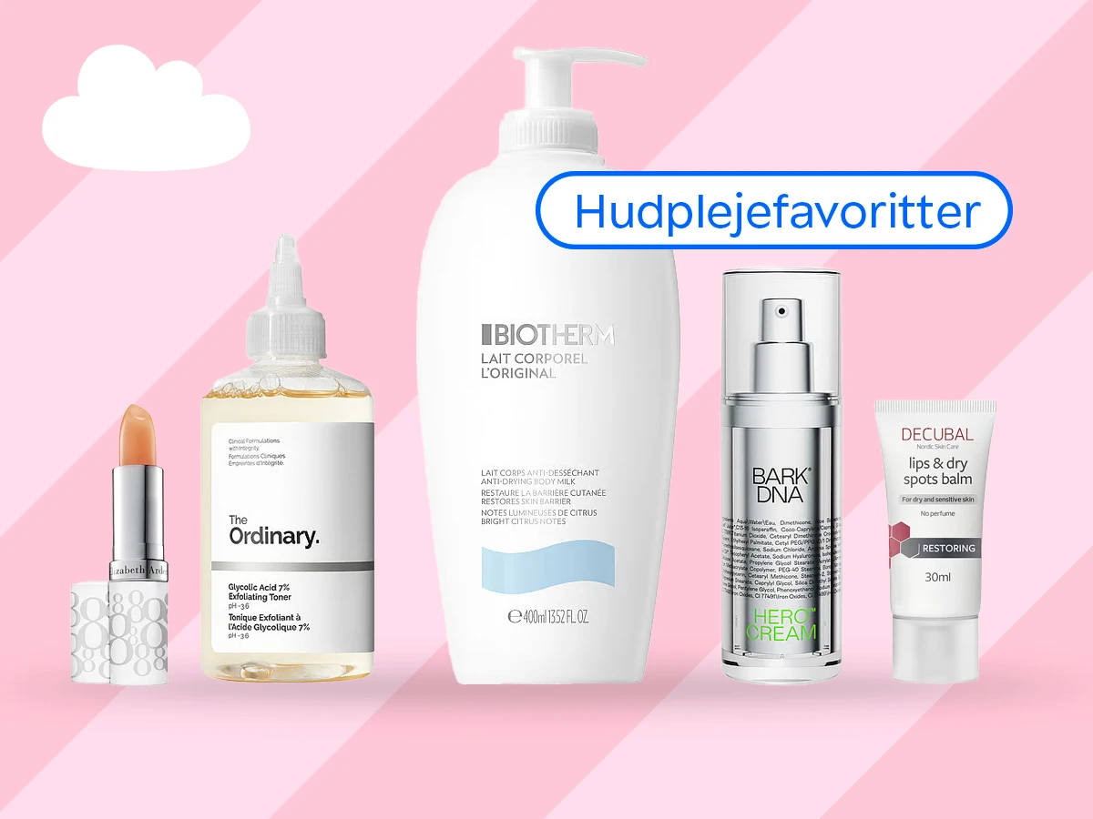 Hudplejefavoritter: Et udvalg af hudplejeprodukter, herunder læbepomade, toner, bodylotion, ansigtscreme og læbe- og tørre pletter balm.