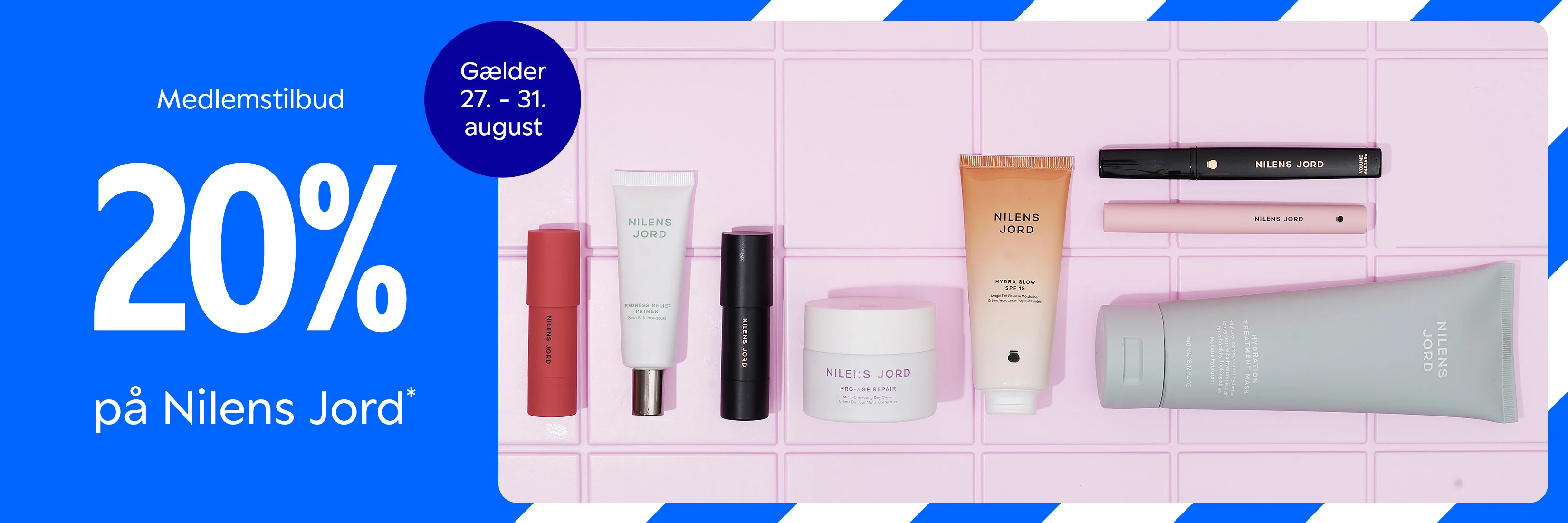 Her ses et banner med teksten "Medlemstilbud" og "20% på Nilens Jord*" og "Gælder 27. - 31. august" samt forskellige Nilens Jord produkter.