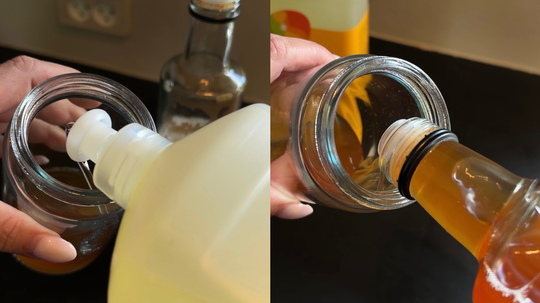Hældning af klar væske fra en gul flaske og ravfarvet væske fra en glasflaske i separate glaskrukker.