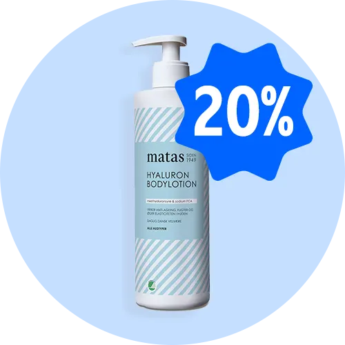 Matas Hyaluron Bodylotion med pumpe på lyseblå baggrund med blåt 20%-mærke.
