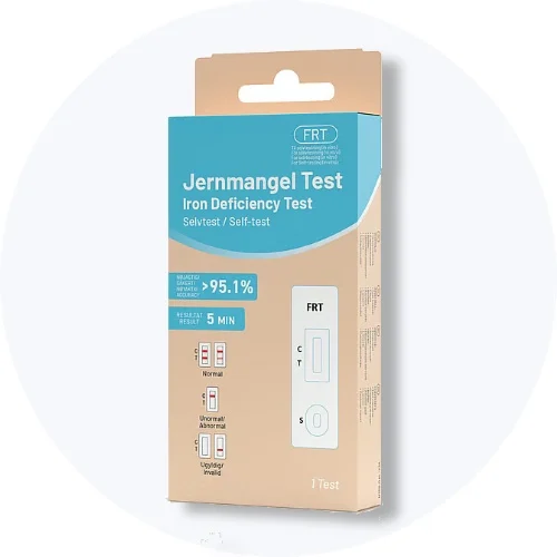 Jernmangel selvtest i beige og lyseblå æske på lys grå baggrund.