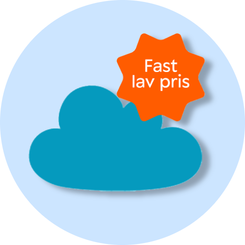 Her ses Ønskeskyens logo, en blå sky, og med en orange splash med teksten "Fast lav pris".