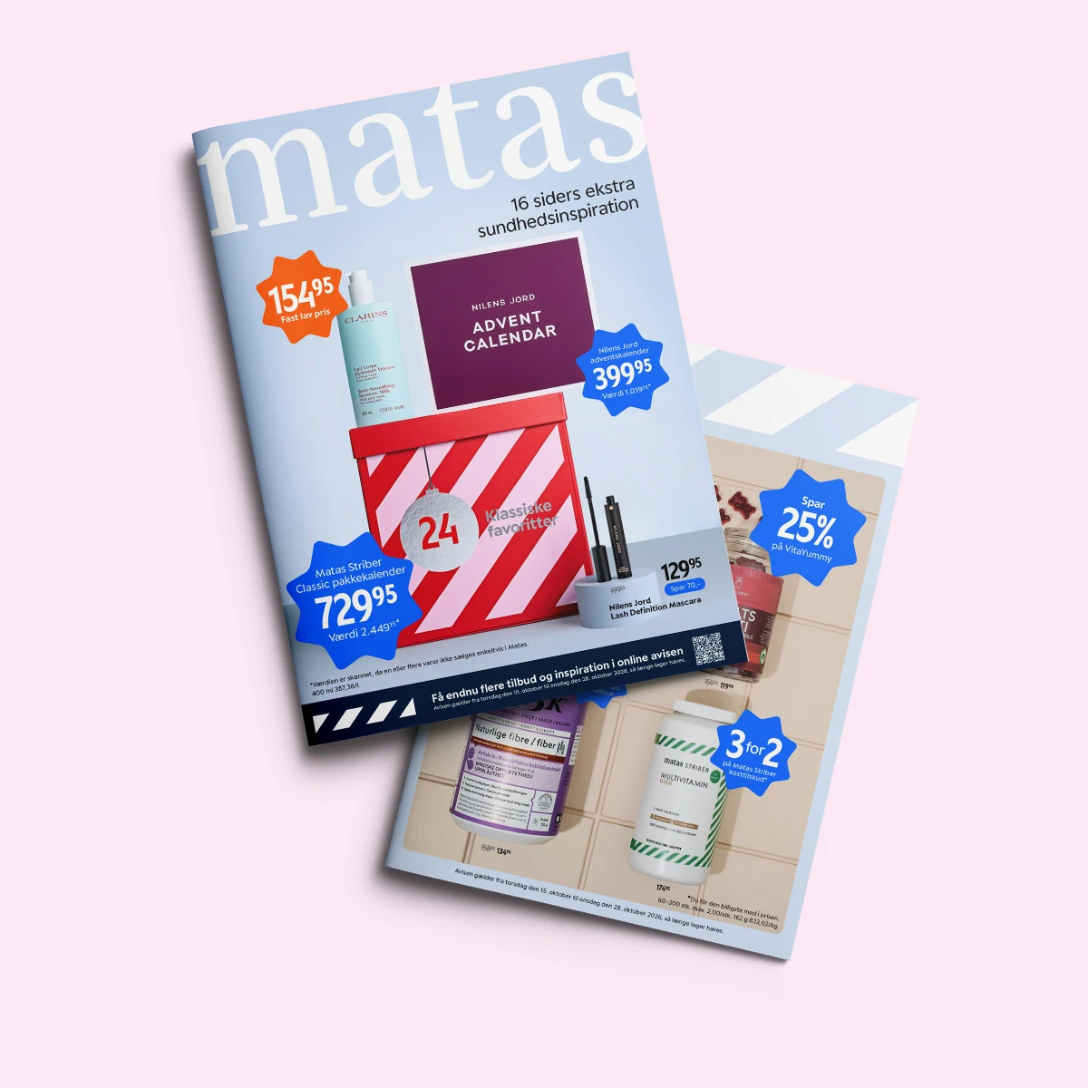 Matas katalogforside med tilbud på adventskalendere, Clarins, mascara og sundhedsprodukter.