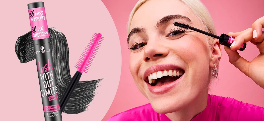 Her ses et billede af en person mod en lyserød baggrund, der påfører et mascara produkt. Til venstre ses en mascara med teksten "Without Limits"