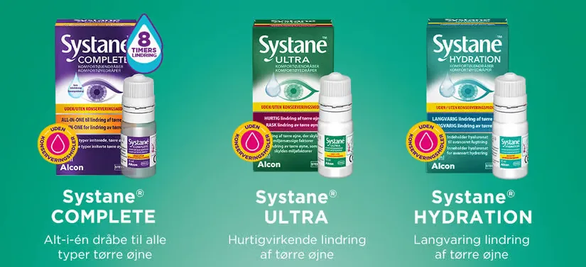 Her ses en grøn baggrund med tre forskellige Systane® produkter i hver deres farve og med hver deres korte forklaring.