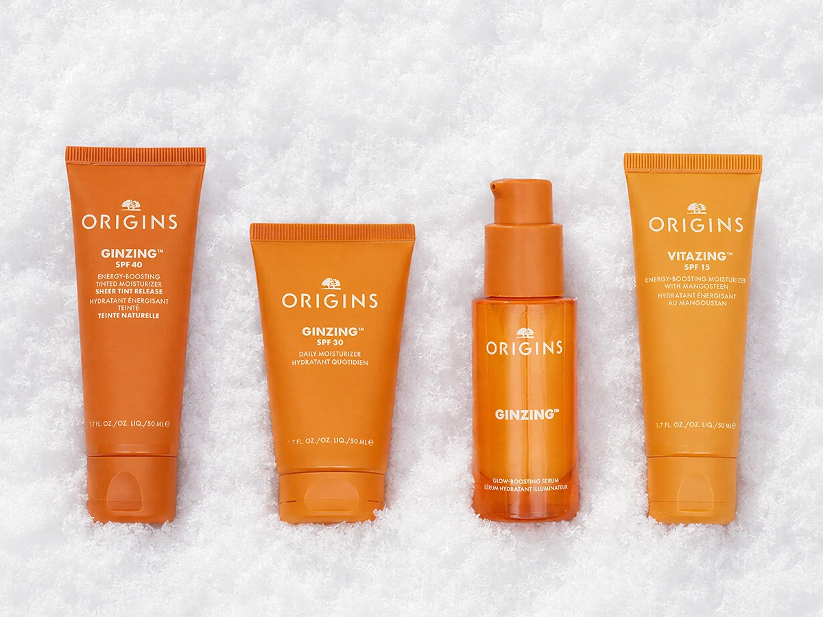 Fire Origins hudplejeprodukter: Ginzing SPF 40 tonet fugtighedscreme, Ginzing SPF 30 dagcreme, Ginzing serum, Vitazing SPF 15 creme.