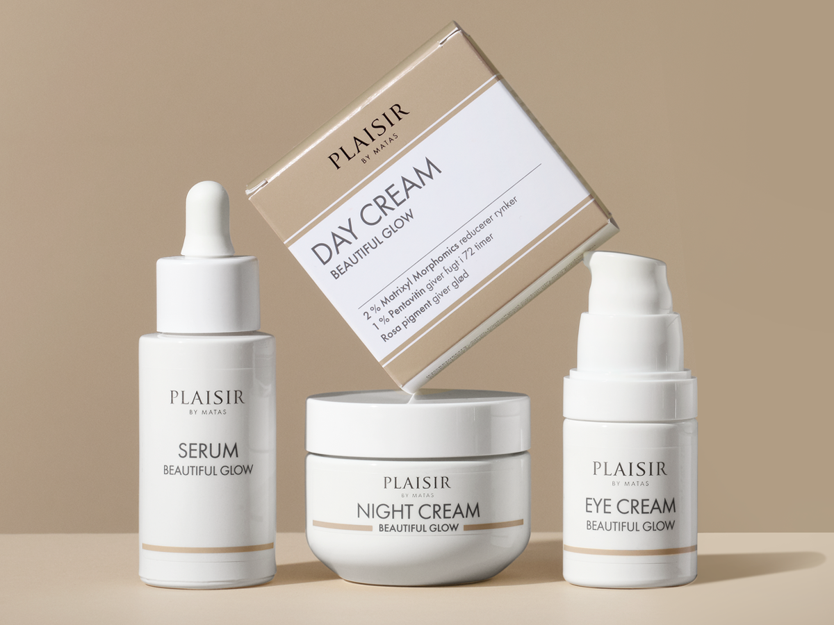 Plaisir by Matas Beautiful Glow hudplejeserie med serum, natcreme, øjencreme og dagcreme. Dagcremen er markeret med '2% Matrixyl Morphomics reducerer rynker, 1% Pentavitin giver fugt i 72 timer, Rosa pigment giver glød'.