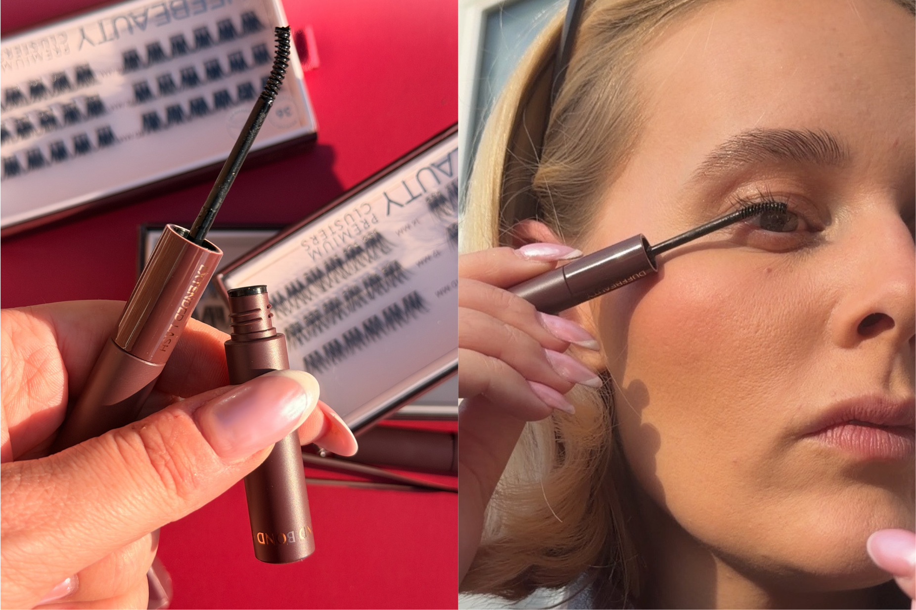 Person, der påfører Duffbeauty Extended Lash med en børste, med et Bond-rør og Premium Clusters kunstige øjenvipper i baggrunden.