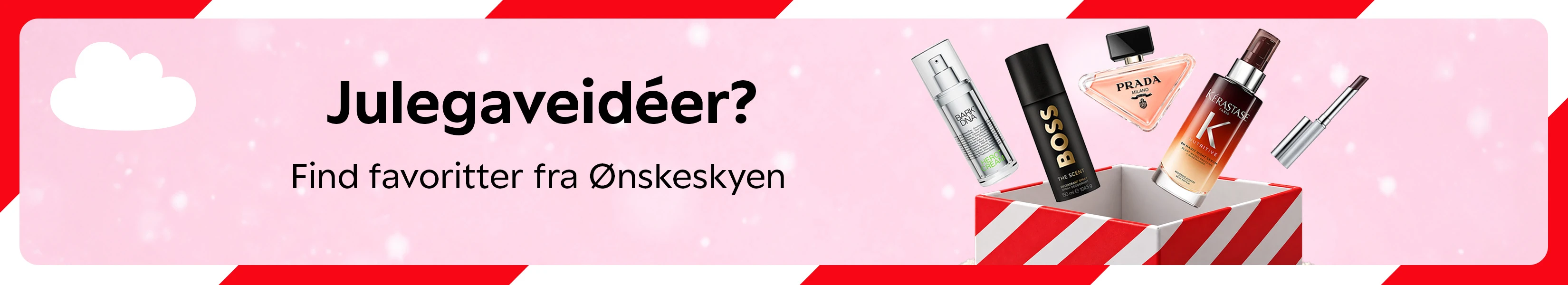 Julegaveidéer? Find favoritter fra Ønskeskyen. Gaveæske fyldt med parfumer fra Prada, Boss, hårpleje fra Kérastase og hudpleje.