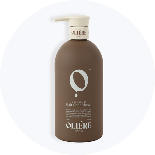 Brun OLIÈRE PARIS VALOUR Hair Conditioner flaske med cremefarvet pumpe, 500ml.