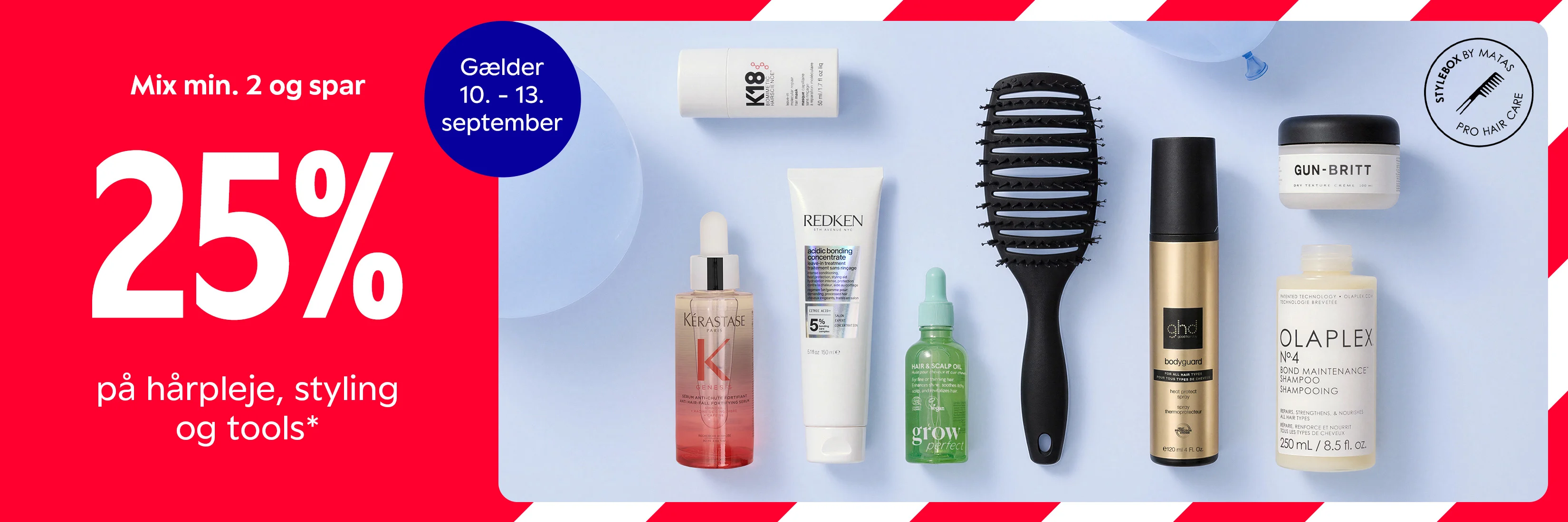 Club Matas fødselsdagskampagne med 25 % ved køb af minimum 2 produkter inden for hårpleje, styling og tools, vist med udvalgte hårprodukter og en hårbørste.