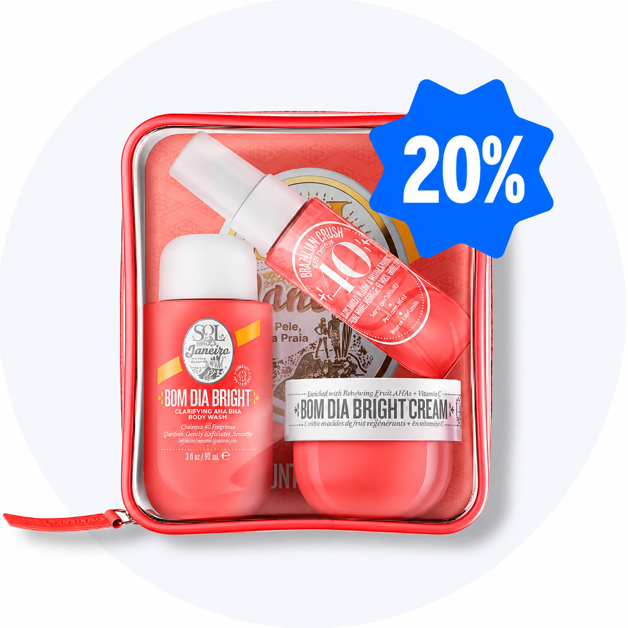 Sol de Janeiro Bom Dia Bright sæt med kropsvask, creme og duftmist i en rød taske, med 20% rabat.