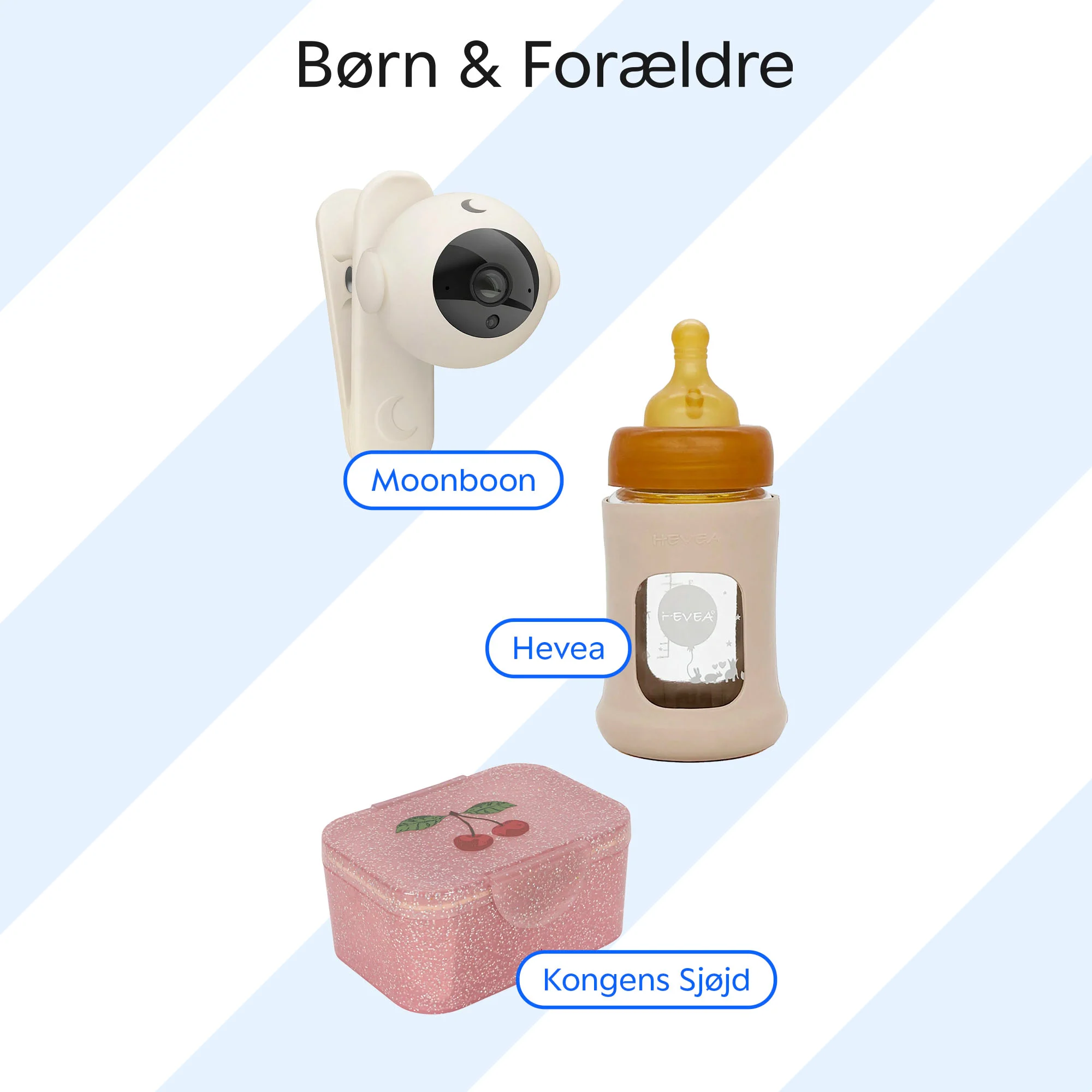 Grafik med overskriften “Børn & Forældre” og tre produkter på lyseblåstribet baggrund: Moonboon babykamera, lyserød madkasse fra Kongens Sløjd og sutteflaske fra Hevea.