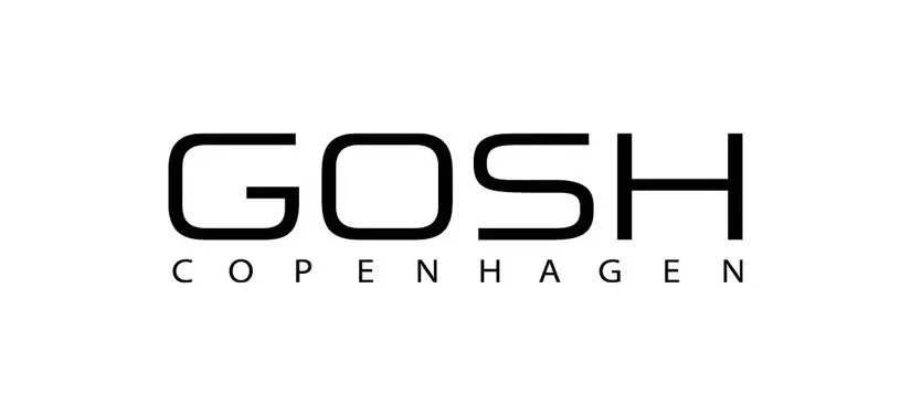 Her ses en hvid baggrund med et stort sort Gosh logo.