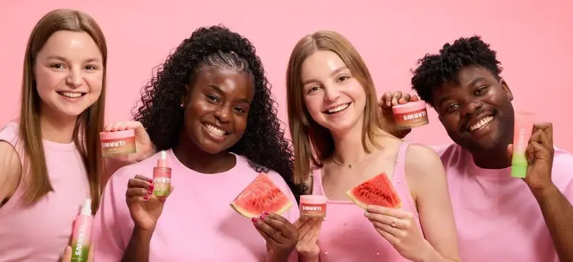 Her ses fire mennesker, som hver holder nogle Smuuti Skin produkter. Baggrunden er lyserød, ligesom deres trøjer. 