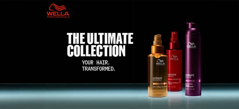 Her ses et billede med tre hårprodukter fra Wella Professionals placeret til højre mod en mørk baggrund. Øverst til venstre står “WELLA PROFESSIONALS”, og i midten står teksten “THE ULTIMATE COLLECTION” samt “YOUR HAIR. TRANSFORMED.” Produkterne har tekster som “ULTIMATE SMOOTH”, “ULTIMATE REPAIR” og “ULTIMATE COLOR”.