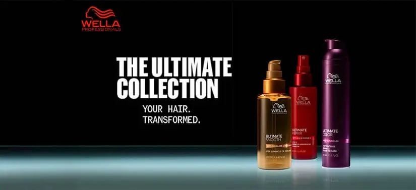 Her ses et billede med tre hårprodukter fra Wella Professionals placeret til højre mod en mørk baggrund. Øverst til venstre står “WELLA PROFESSIONALS”, og i midten står teksten “THE ULTIMATE COLLECTION” samt “YOUR HAIR. TRANSFORMED.” Produkterne har tekster som “ULTIMATE SMOOTH”, “ULTIMATE REPAIR” og “ULTIMATE COLOR”.