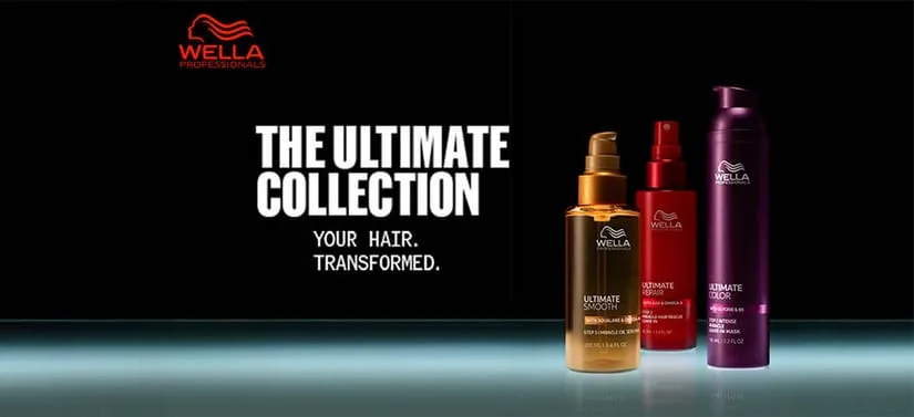 Her ses et billede med tre hårprodukter fra Wella Professionals placeret til højre mod en mørk baggrund. Øverst til venstre står “WELLA PROFESSIONALS”, og i midten står teksten “THE ULTIMATE COLLECTION” samt “YOUR HAIR. TRANSFORMED.” Produkterne har tekster som “ULTIMATE SMOOTH”, “ULTIMATE REPAIR” og “ULTIMATE COLOR”.