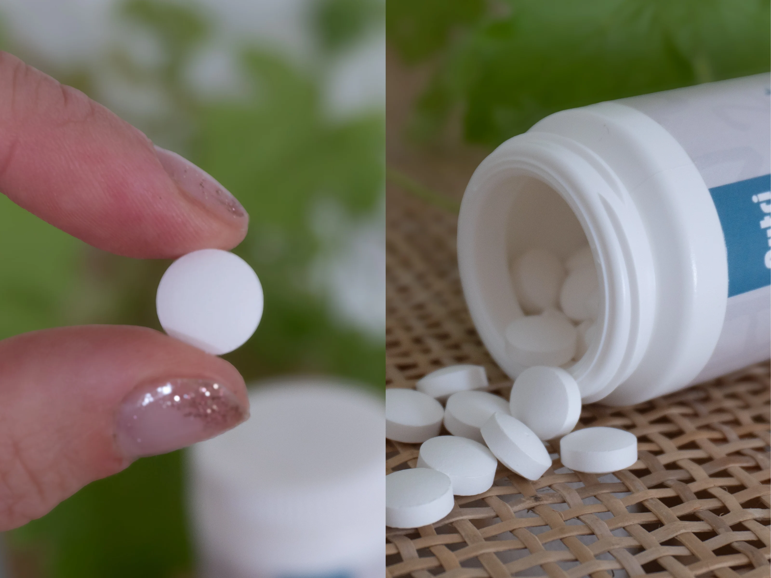 vitaminpiller i hånd og på bord 
