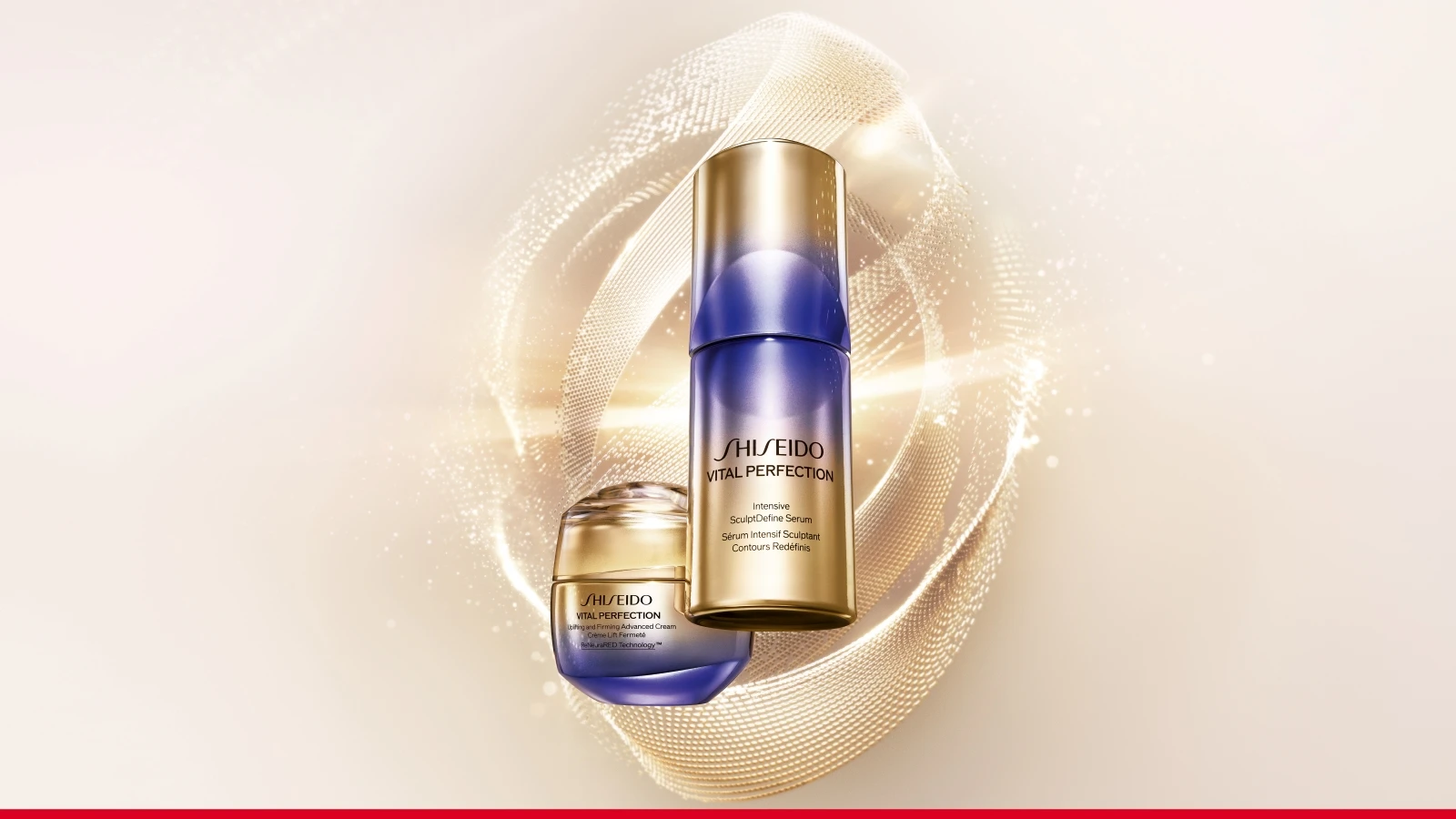Shiseido Vital Perfection Intensive SculptDefine Serum (Sérum Intensif Sculptart Contours Redéfinis) og en cremepotte.