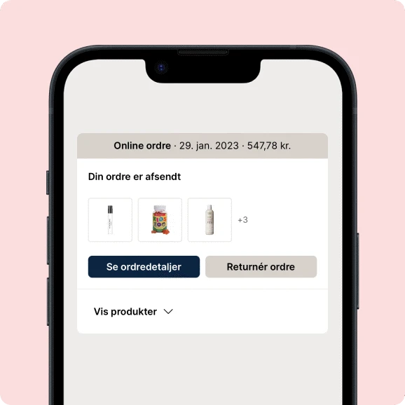 Her ses en lyserød baggrund med en mobil på matas-appen, som er inde på en ordre.