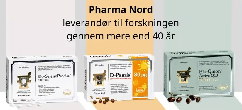 Her ses tre forskellige Pharma Nord produkter i hver deres farve, med samme baggrundsfarver - henholdsvis hvid, gul og grøn.
