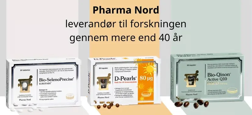 Her ses tre forskellige Pharma Nord produkter i hver deres farve, med samme baggrundsfarver - henholdsvis hvid, gul og grøn.