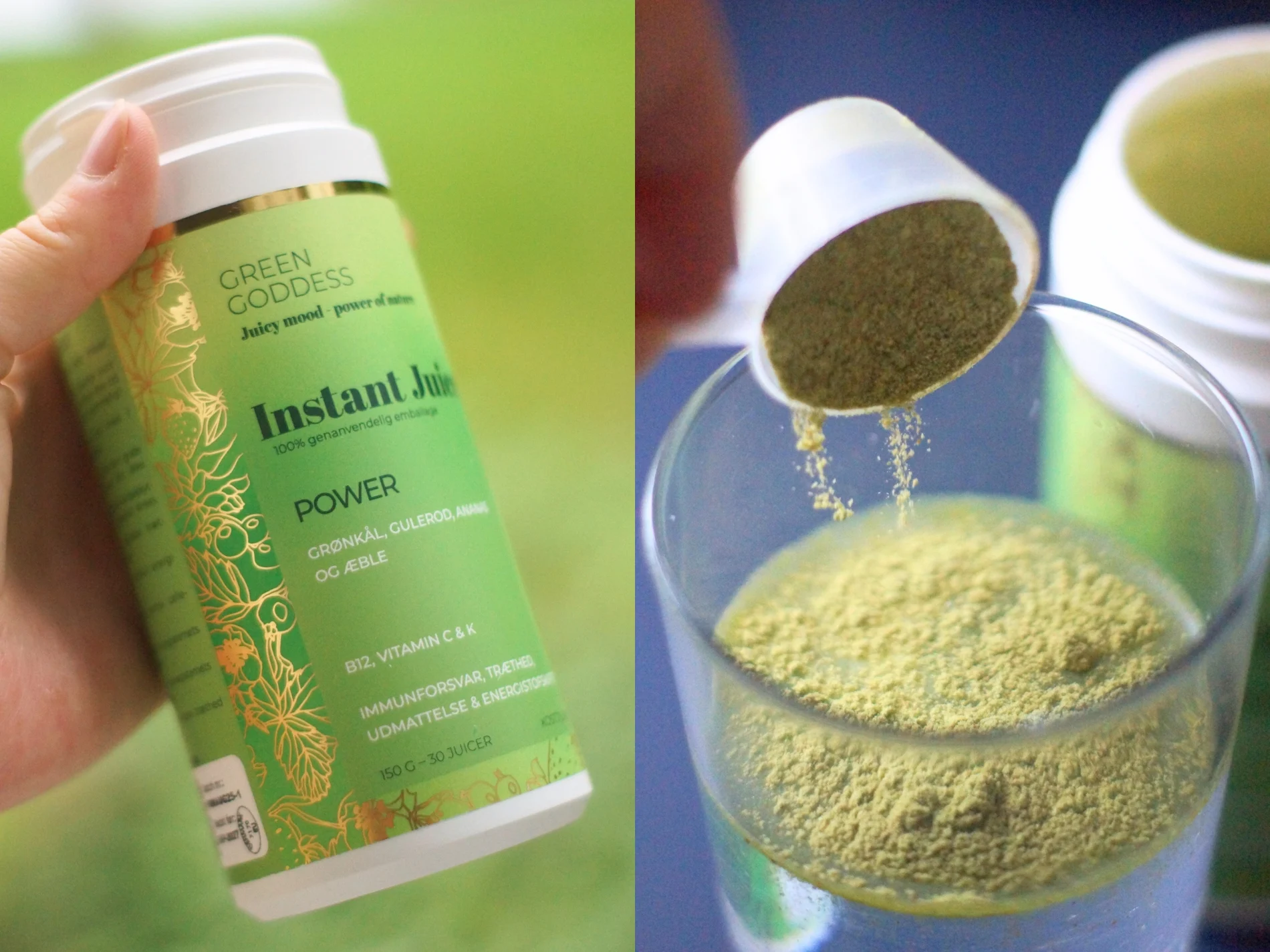 Grøn Green Goddess Instant Juice Power-beholder og pulver, der hældes fra ske ned i et glas.