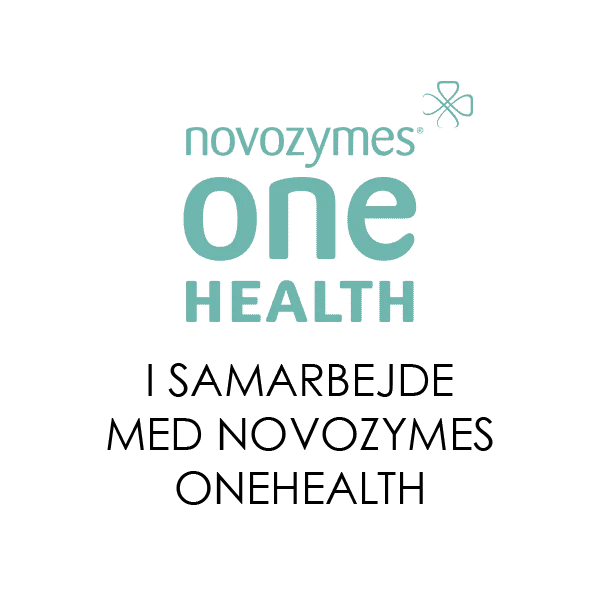 Her ses en hvid baggrund. Øverst ses NovoZymes One Health i turkis og nedenunder ses en sort tekst.