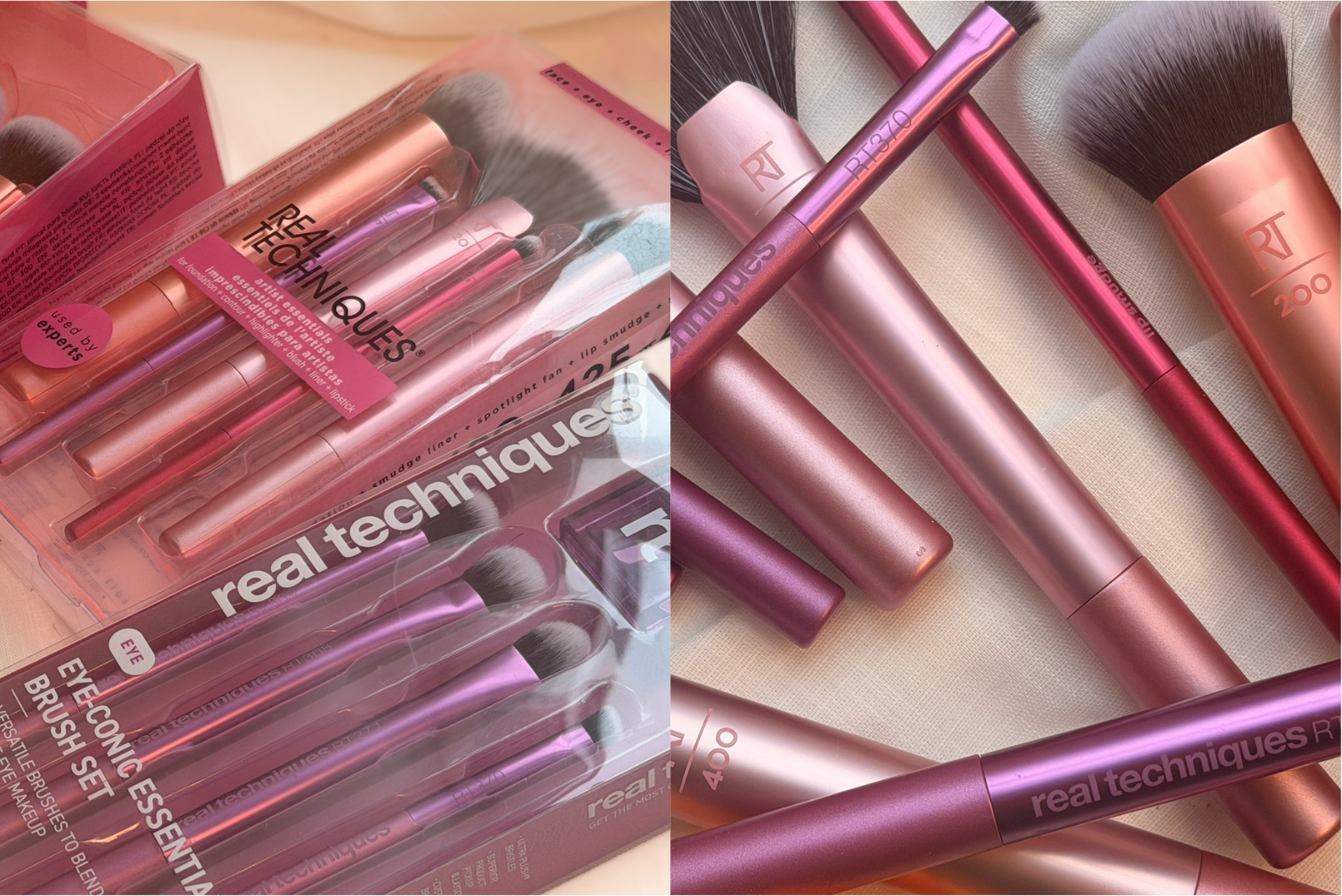 En samling Real Techniques makeupbørster i rosa, pink og lilla. Nogle er i indpakkede sæt, mens andre ligger løst.