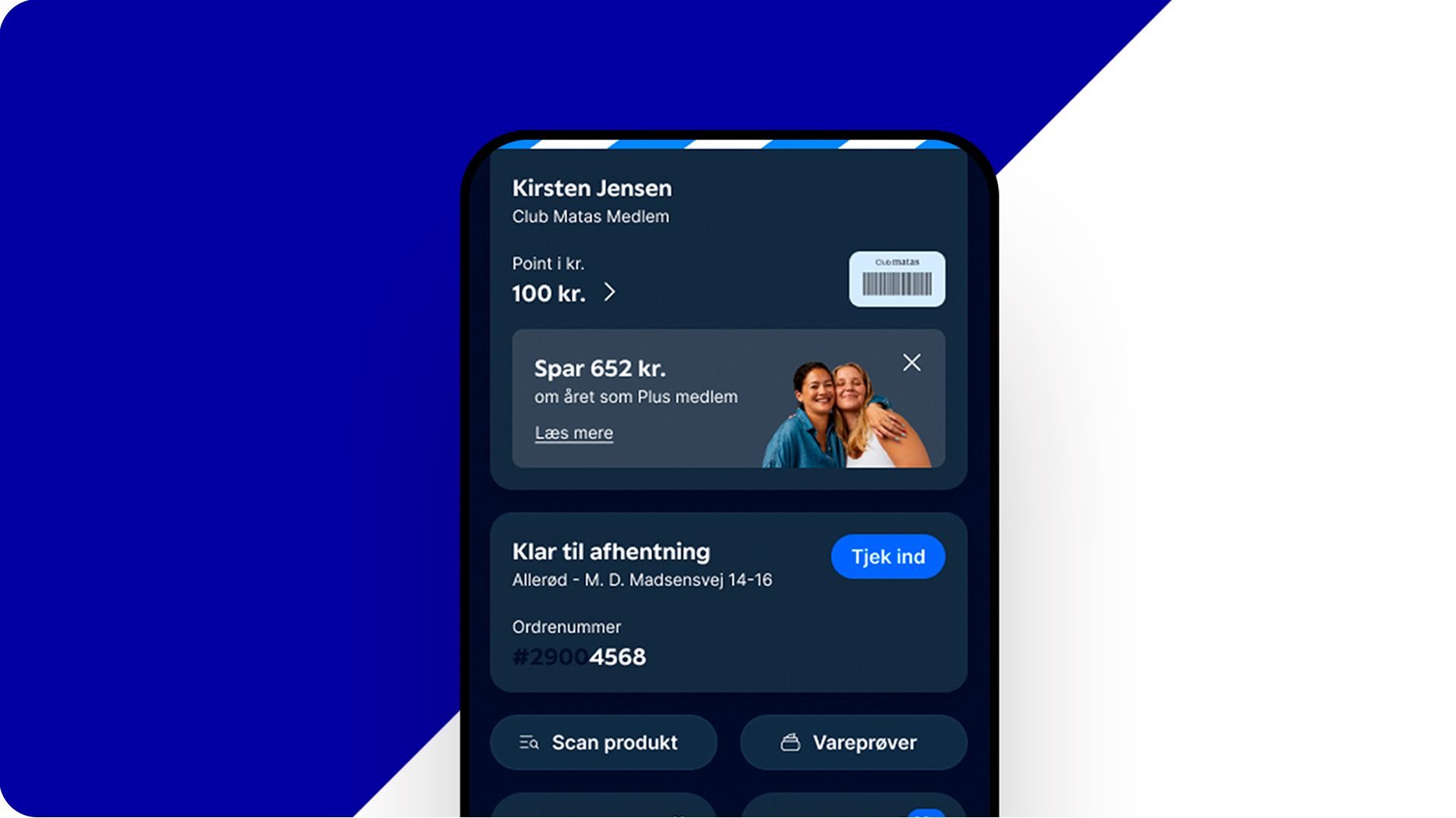 Club Matas appskærm viser medlemsoplysninger, pointbalance, medlemstilbud og status for en ordre til afhentning.