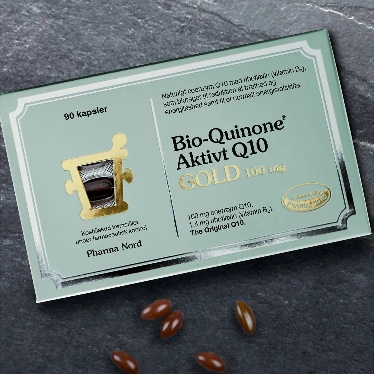 Pharma Nord Bio-Quinone Aktivt Q10 GOLD 100 mg kosttilskud, 90 kapsler, med Q10 og riboflavin (B2) mod træthed.