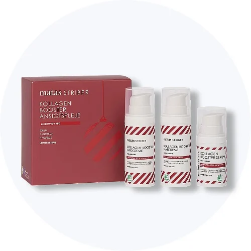 Matas Striber Kollagen Booster ansigtsplejesæt i rød æske med serum, dagcreme og natcreme.